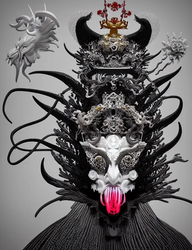 Image similar to 3 d goddess close - up profile satan biohazard portrait with crown, ram skull. beautiful intricately detailed japanese crow kitsune mask and clasical japanese kimono. betta fish, jellyfish phoenix, bio luminescent, plasma, ice, water, wind, creature, artwork by tooth wu and wlop and beeple and greg rutkowski