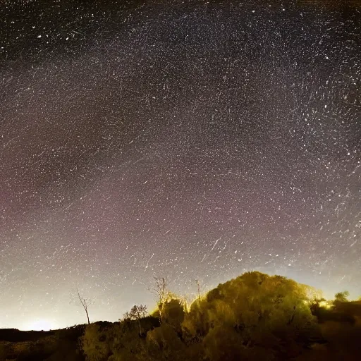 Image similar to beautiful landscape at night with andromeda galaxy clearly visible in the sky, highly detailed, sharp focus