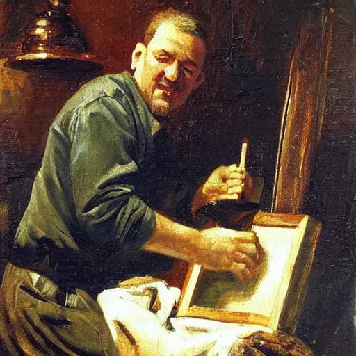 Image similar to A man making an oil painting of a man making an oil painting of a man making an oil painting of a man making an oil painting of a vase, oil painting