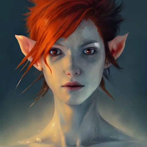 Image similar to portrait of a Short elf with grey skin, orange/red hair, elf ears, their eyes are completely yellow, they have deer like legs, and they are both masc and femme equally dramatic lighting, illustration by Greg rutkowski, yoji shinkawa, 4k, digital art, concept art, trending on artstation