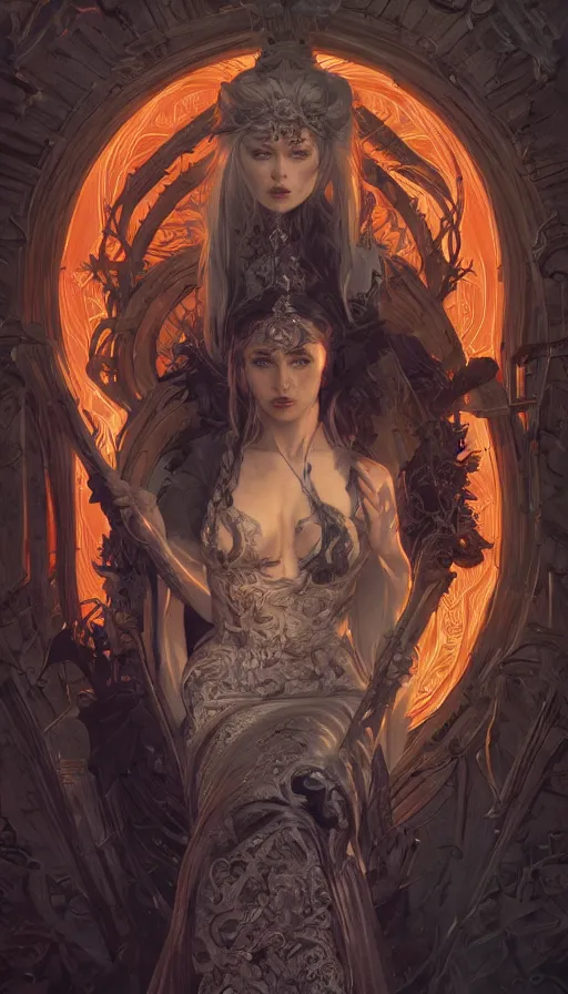 Prompt: mortality, fame of thrones, pinup. lord of daggers, neon, fibonacci, sweat drops, insane, intricate, highly detailed, digital painting, artstation, concept art, smooth, sharp focus, illustration, Unreal Engine 5, 8K, art by artgerm and greg rutkowski and alphonse mucha