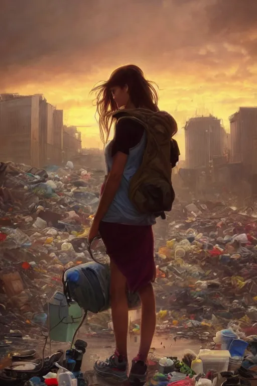 Image similar to poor detailed girl with backpack standing at cars looking for food at garbage dump, destroyed cars, city is pure wasteland, moody sunset in background, high details, sharp, photorealism, cinematic, greg rutkowski, alphonse mucha, trending on artstation, artgerm, unreal engine, breathtaking, award winning, highly detailed