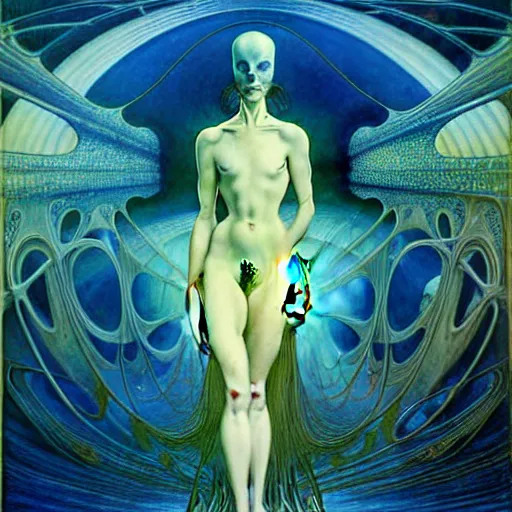 Image similar to realistic extremely detailed portrait painting of a ghost silhouette, futuristic sci-fi landscape on background by Jean Delville, Amano, Yves Tanguy, Alphonse Mucha, Ernst Haeckel, Edward Robert Hughes, Roger Dean, rich moody colours, blue eyes