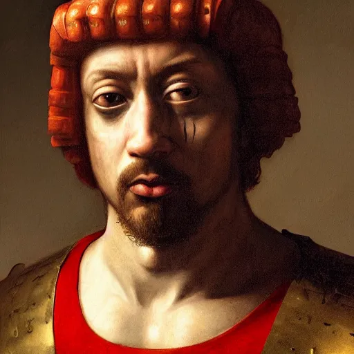 Prompt: Sam Hyde as a Roman warrior wearing gold and red armor, elegant suit, looking at bloody fist, portrait art by Leonardo da Vinci, highly detailed, digital painting, concept art, illustration, dim lighting with twilight rays of sunlight, trending on artstation, very detailed, smooth, sharp focus, octane render, close up