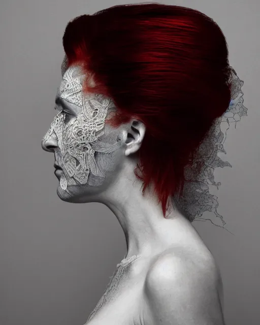 Prompt: a woman's face in profile, red hair, made of intricate lace skeleton, in the style of the dutch masters and gregory crewdson, dark and moody