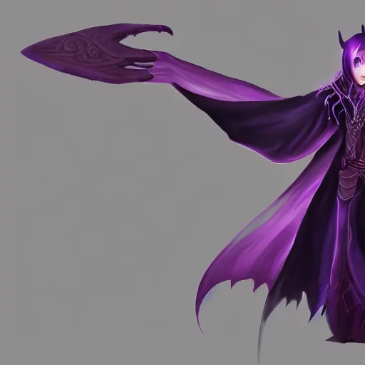 Image similar to female warlock long hood cloak purple, fighting dark evil monster from hell in magic world, 8 k, trending on artstation by tooth wu ”