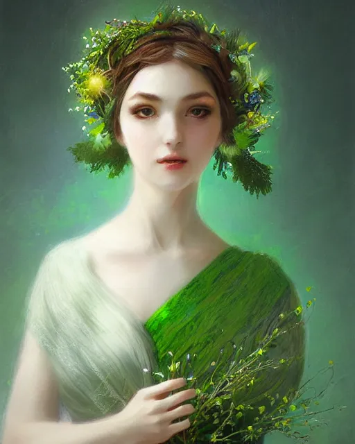 Image similar to the goddess of spring, with a wreath on her head and a green gauze skirt, dreamy, beautiful, by wlop