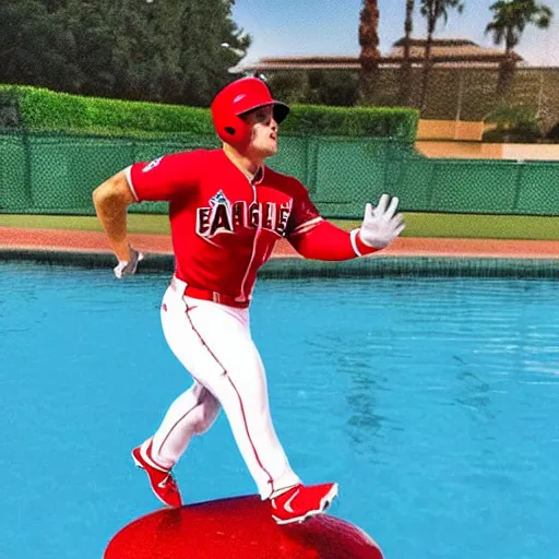 Image similar to “a realistic detailed photo of a guy who is named Mike Trout a baseball player, frozen like a statue, with shiny skin, by a pool, on display”