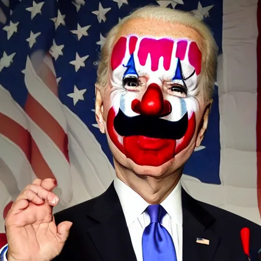 Prompt: Joe Biden with clown make-up all over his face inside a circus