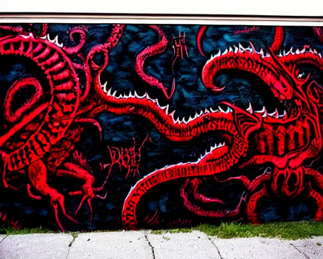 Image similar to a wall that has some lovecraftian graffiti on it inspired by wretched dragon rib cage. red and black colors. the art is horrific.