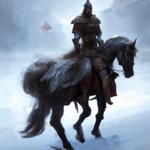 Prompt: A knight on his horse who arrives in a snowy village without any people, fantasy, highly detailed, digital painting, artstation, concept art, illustration, art by Bayard Wu and Marc Simonetti and Diego Gisbert Llorens