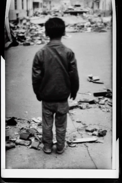 Image similar to photo polaroid of a sad and lonely child in a city devastated by bombs has a gun in his hand, loneliness,war, black and white ,photorealistic, 35mm film,