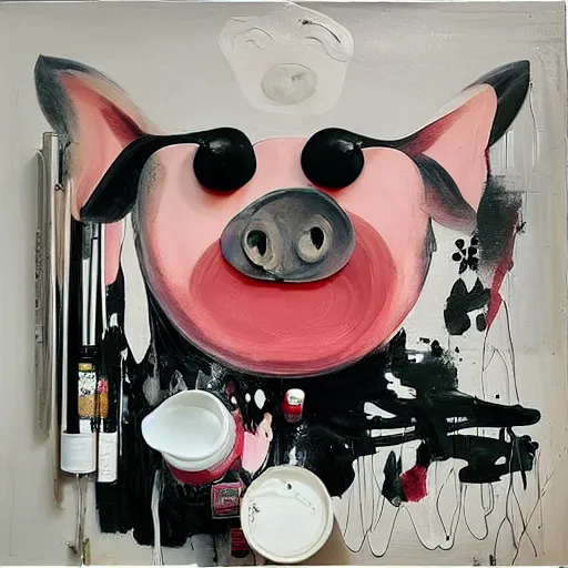 Image similar to “ a portrait in a female art student ’ s apartment, sensual, a pig theme, art supplies, paint tubes, ikebana, herbs, a candle dripping white wax, black walls, squashed berries, berry juice drips, acrylic and spray paint and oilstick on canvas, surrealism, neoexpressionism ”