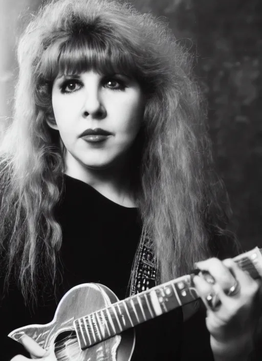 Image similar to dslr portrait photo still of 2 4 year old stevie nicks at age 2 4 with red hair playing a guitar, 8 5 mm, f 1. 8