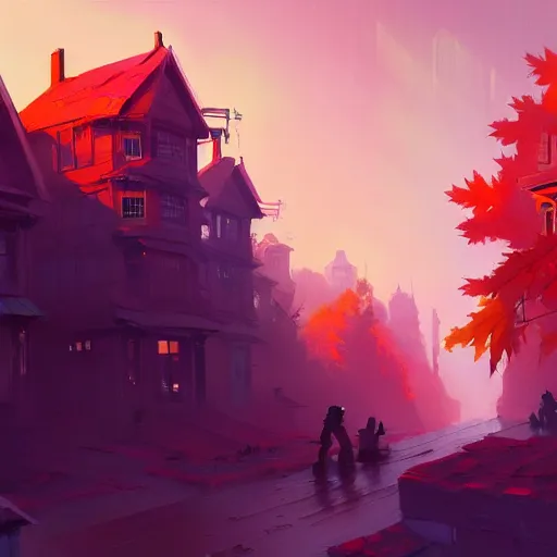 Image similar to concept art of a futuristic new england colonial city at the edge of a fall foliage mountain, grimy, gritty, trending on artstation, award winning painting, cgi, art by anton fadeev and john howe and greg rutkowski