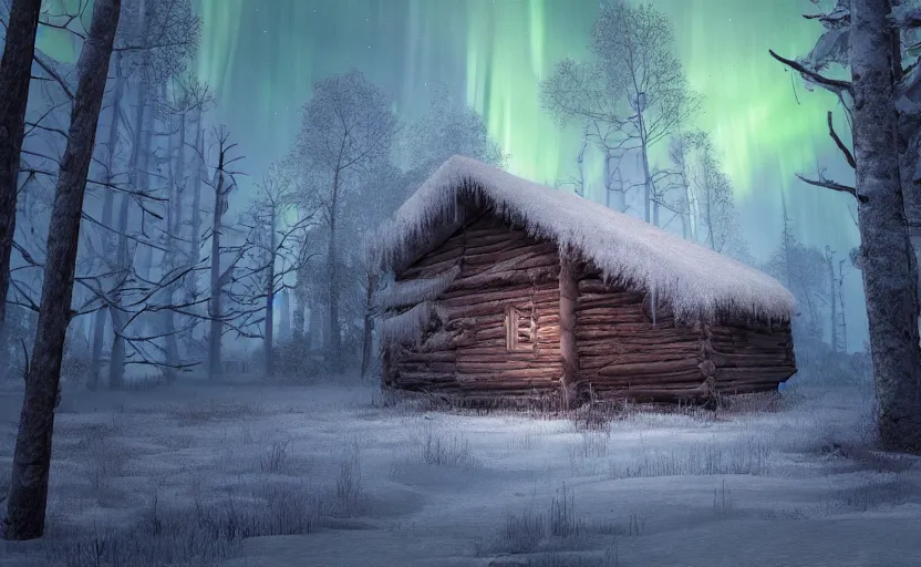 Prompt: A abandoned wooden hut in a winter forest environment concept, northern lights, horror game, artstation