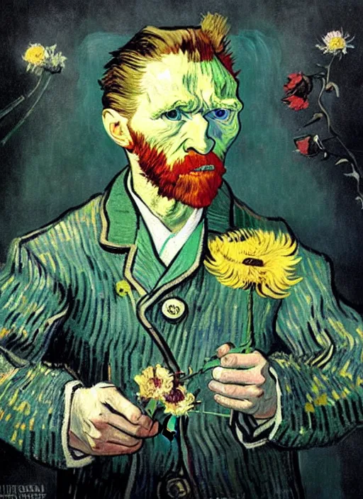 Image similar to hyper realistic painted vincent van gogh holding a flower drawn by chiara bautista and norman rockwell and greg rutkowski weta studio, and lucasfilm