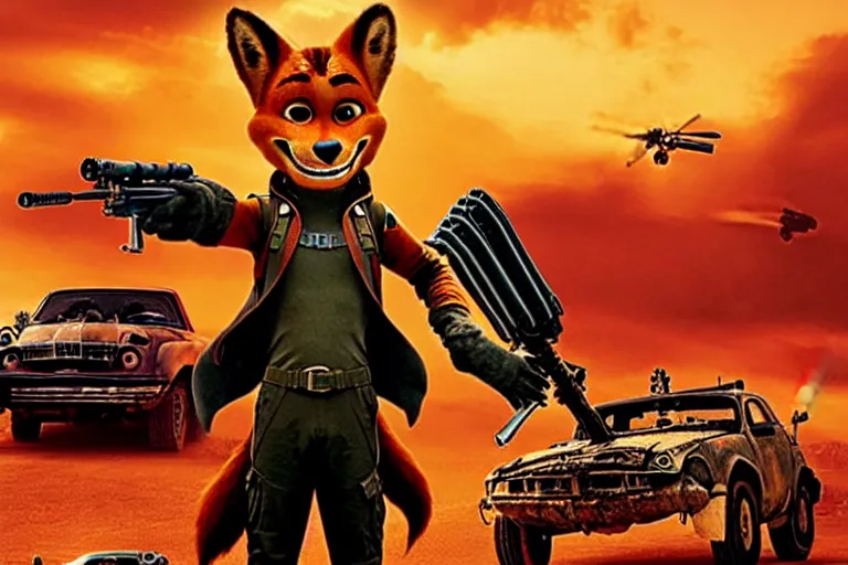 Image similar to nick wilde, heavily armed and armored facing down armageddon in a dark and gritty reboot from the makers of mad max : fury road :