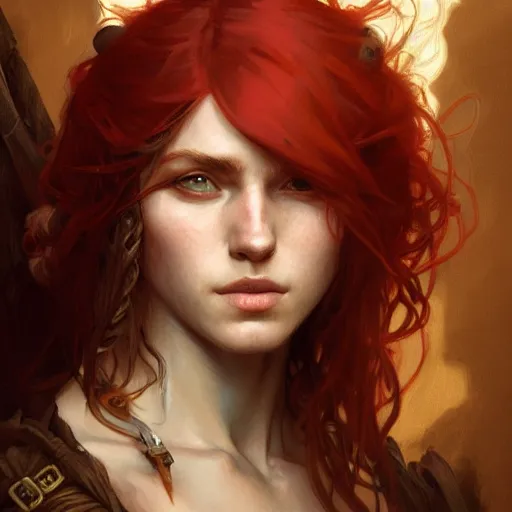 Image similar to portrait of a young rugged pirate, upper body, red hair, long hair, D&D, fantasy, intricate, elegant, highly detailed, digital painting, artstation, concept art, matte, sharp focus, illustration, art by Artgerm and Greg Rutkowski and Alphonse Mucha