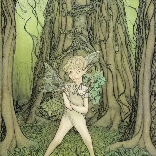 Prompt: a forest pixie by chris riddell and alan lee,