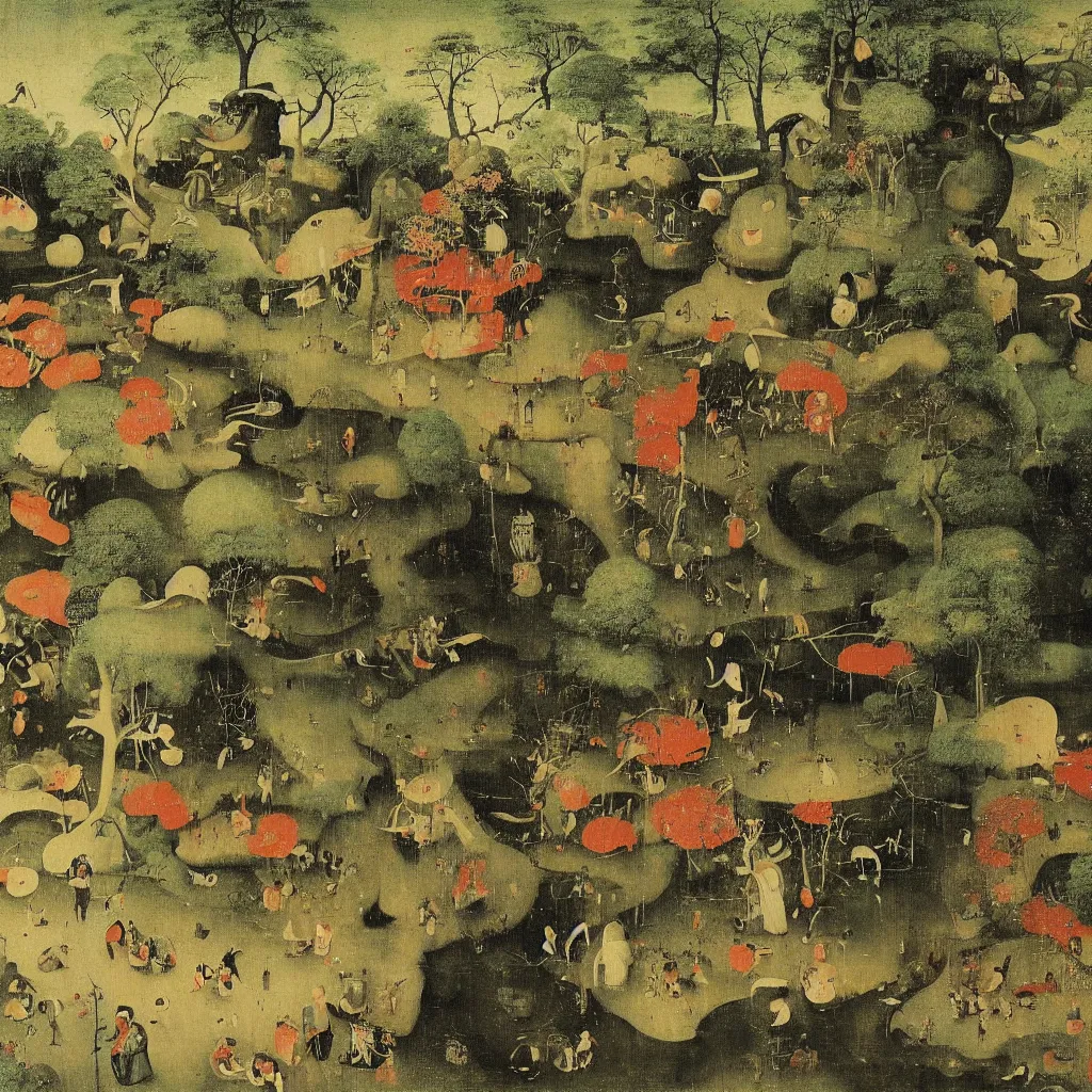 Prompt: Japanese Garden by Hieronymus Bosch, surreal oil painting, highly detailed, dream like, masterpiece