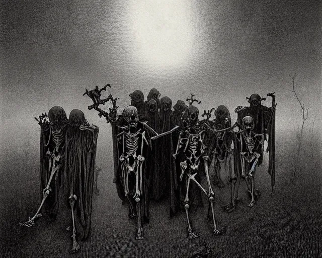 Image similar to satanic skeleton gang emerge from the cemetery on a dark night by zdzisław beksinski and gustave dore and alphonse mucha