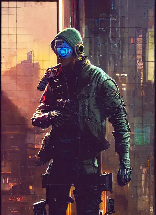 Image similar to Ezra. Cyberpunk mercenary in tactical gear scaling a security fence. rb6s, (Cyberpunk 2077), blade runner 2049, (matrix) Concept art by James Gurney, Craig Mullins and Alphonso Mucha. painting with Vivid color.