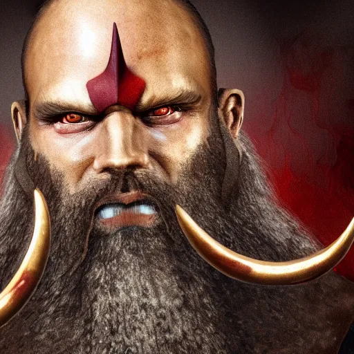 Image similar to dnd render of a man, red, a big black beard, golden eyes, 2 horns protruding out of his forehead which curve back, one is broken at a quarter of the length of the other.