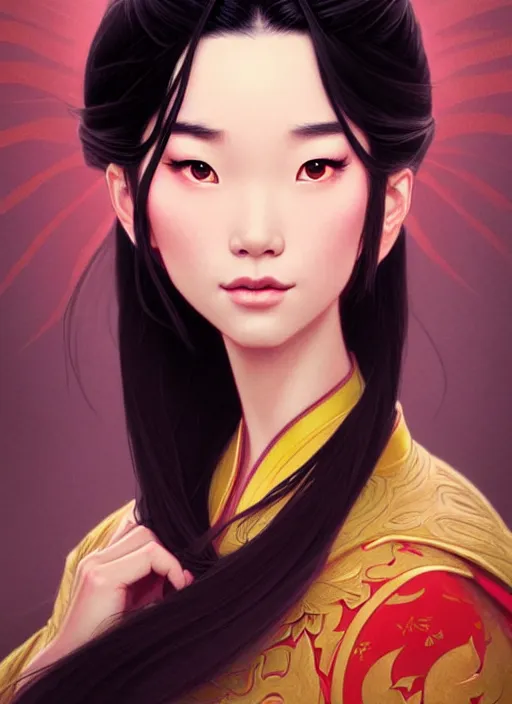 Image similar to portrait of disney mulan, intricate, elegant, highly detailed, my rendition, digital painting, artstation, concept art, smooth, sharp focus, illustration, art by artgerm and greg rutkowski and alphonse mucha and uang guangjian and gil elvgren and sachin teng, symmetry!!