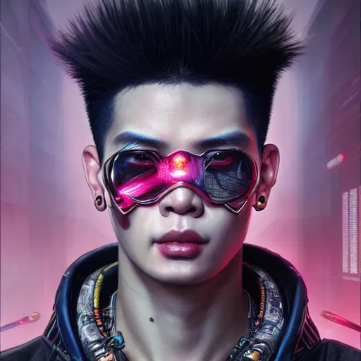 Image similar to portrait painting of a cyberpunk jackson wang with a z tattooed on his forehead, ultra realistic, concept art, intricate details, eerie, highly detailed, photorealistic, octane render, 8 k, unreal engine. art by artgerm and greg rutkowski and magali villeneuve and alphonse mucha