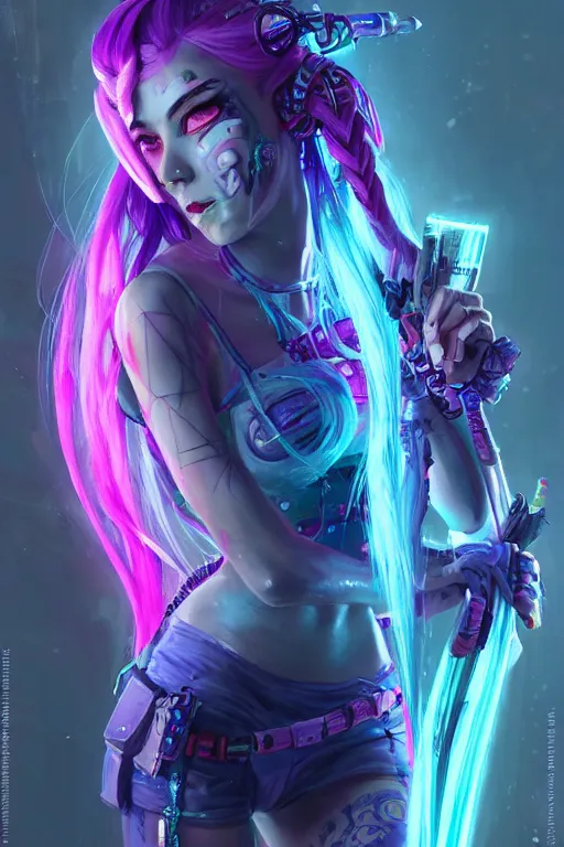 Prompt: jinx from league of legends, cyberpunk futuristic neon. long blue pigtail braid hair, decorated with traditional japanese ornaments by ismail inceoglu dragan bibin hans thoma greg rutkowski alexandros pyromallis nekro rene maritte illustrated, perfect face, fine details, realistic shaded, fine - face, pretty face