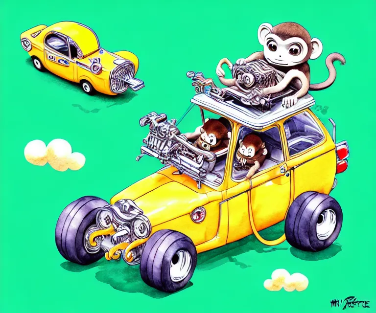 Prompt: cute and funny, monkey riding in a tiny hot rod with oversized engine, ratfink style by ed roth, centered award winning watercolor pen illustration, isometric illustration by chihiro iwasaki, edited by range murata, tiny details by artgerm, symmetrically isometrically centered