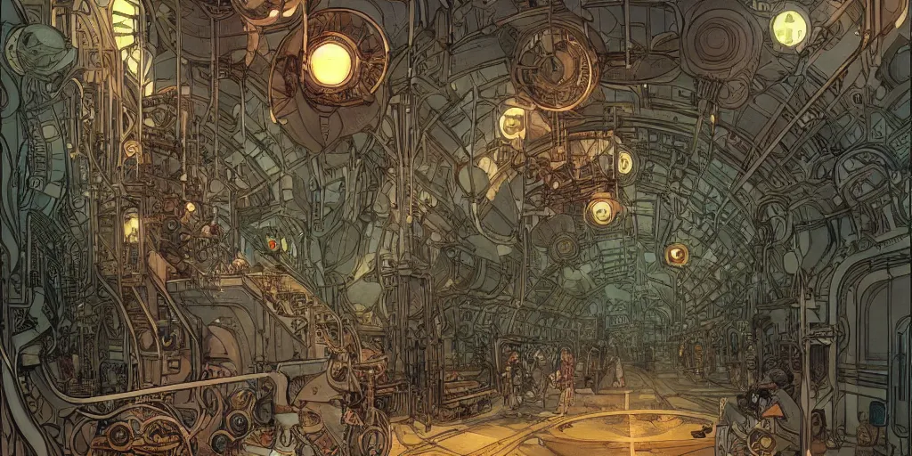 Image similar to steampunk starship hallway, kid and mad scientist walking, giant video screens, sci - fi, big interior plants, retrofuturism, concept art by mucha and moebius and victo ngai, architecture by francois schuiten, clean line, diesel punk, artstation