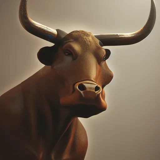 Image similar to a standing anthro bull android modeled after a bull looking into the camera, android, cyborg, half body, intricate, 3 d, hyper realism, fantasy, depth of field, octane render, symmetrical, highly detailed, digital art, artstation, concept art, cinematic lighting, trending