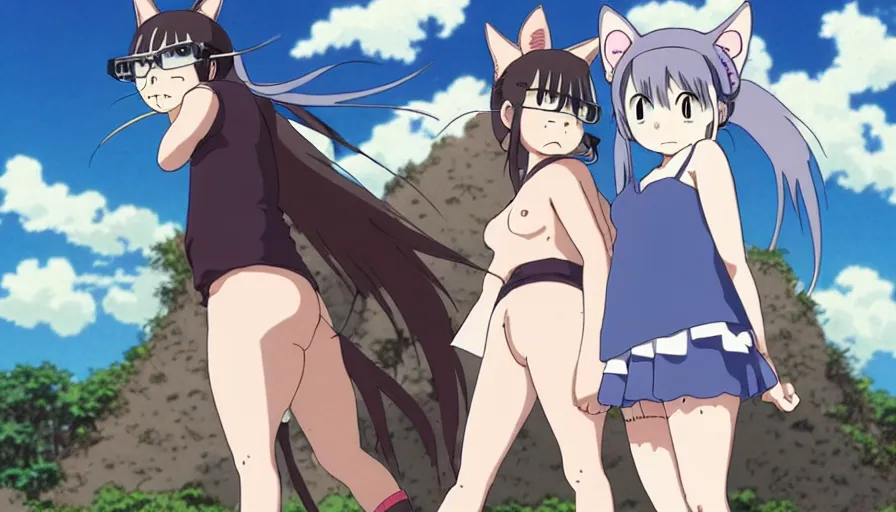 Image similar to fat otaku vs catgirl, comedy comic panels, graphic art, rgba, 8 k hd resolution, pinterest, dynamic character, 8 k character details, concept art, 8 k ultra realistic, intricate details, ultra detailed, reduce character duplication, in style of hayao miyazaki, by studio ghibli