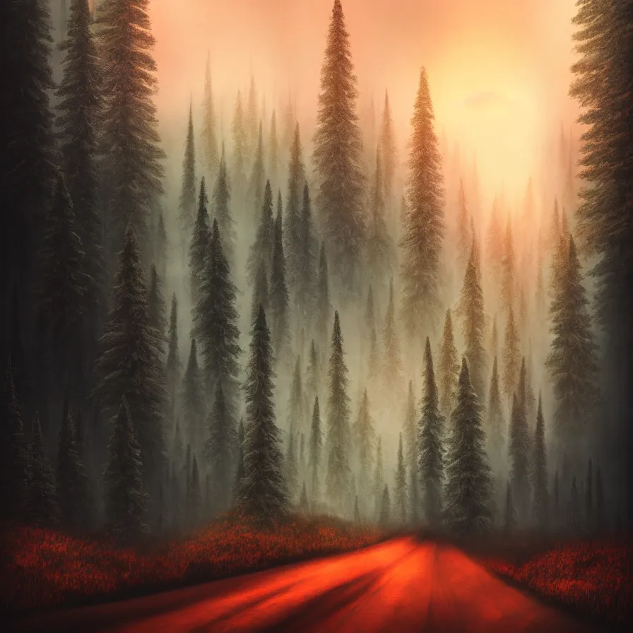 Prompt: symbolist atmospheric ink artwork of a road leading down the horizon through giant pine forests down a rocky mountain coast towards a majestic sunset. good vibes, cloudy and foggy landscape, soft tones, psychedelic, ultra realistic, concept art, modern art, photorealistic, octane render.