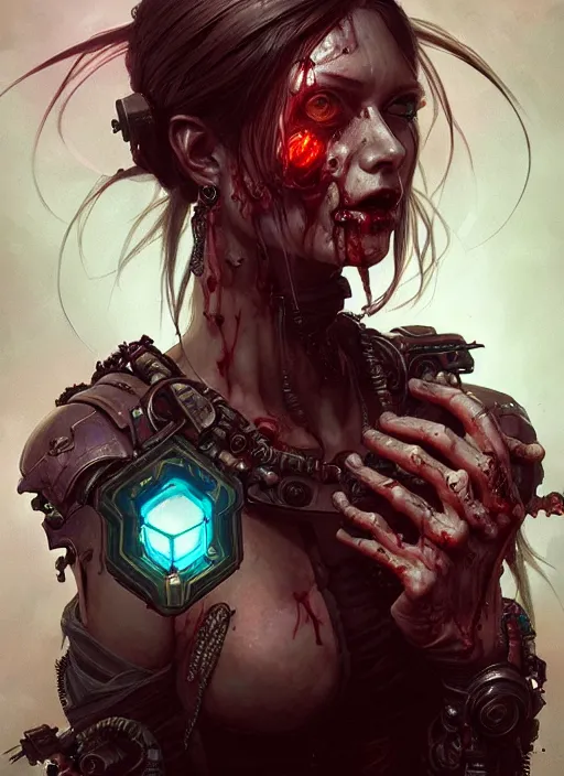 Image similar to cyberpunk zombie, deep focus, d & d, fantasy, intricate, elegant, highly detailed, digital painting, artstation, concept art, matte, sharp focus, illustration, hearthstone, art by artgerm and greg rutkowski and alphonse mucha