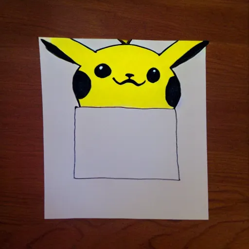 Prompt: kids crayon drawing of Pikachu on paper