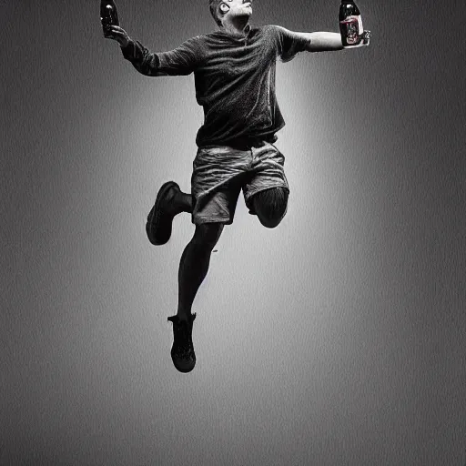 Image similar to an epic portrait of a man jumping in the while holding a bottle, highly detailed, high quality, digital art, five fingers, anatomically correct, dramatic lighting, studio quality