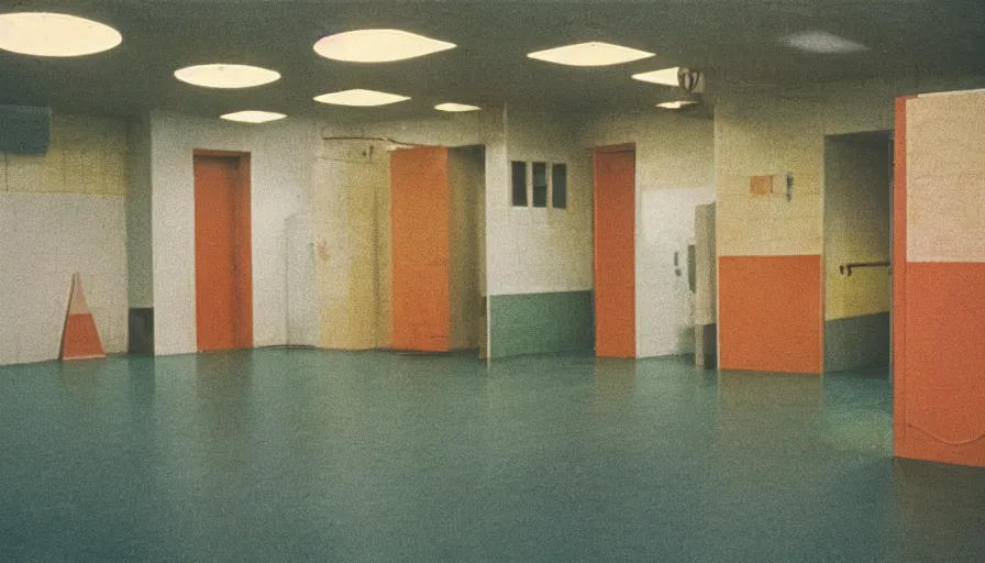 Image similar to 60s movie still of a sovietic stalinist style empty hall with yellow tiles and non-separate toilets, cinestill 800t 50mm eastmancolor, liminal Space style, heavy grain-s 150