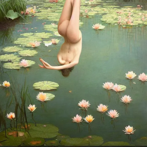 Prompt: a painting of a woman floating in a pond of water lillies, a fine art painting, by liu jun, cgsociety, deviantart, pre - raphaelitism, figurative art, magical realism, detailed painting, made of flowers