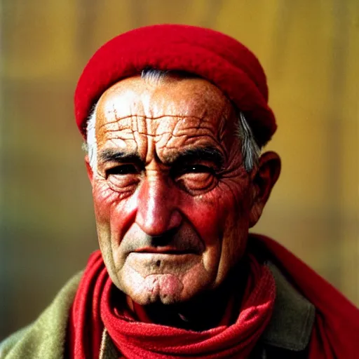 Image similar to portrait of president lyndon b johnson as afghan man, green eyes and red scarf looking intently, photograph by steve mccurry