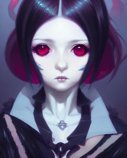 Image similar to portrait of cute goth girl, anime key visual, by peter mohrbacher and ilya kuvshinov and wlop and makoto shinkai