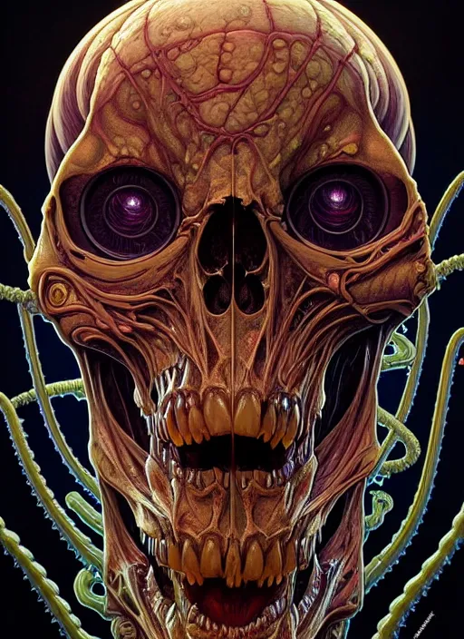 Image similar to symmetry!! portrait of grotesque and gruesome alien skull, cosmic horror, lovecraftian horror, intricate, horror!! highly detailed, digital painting, artstation, giger concept art, smooth, sharp focus, illustration, art by artgerm and greg rutkowski and alphonse mucha and junji ito, 8 k