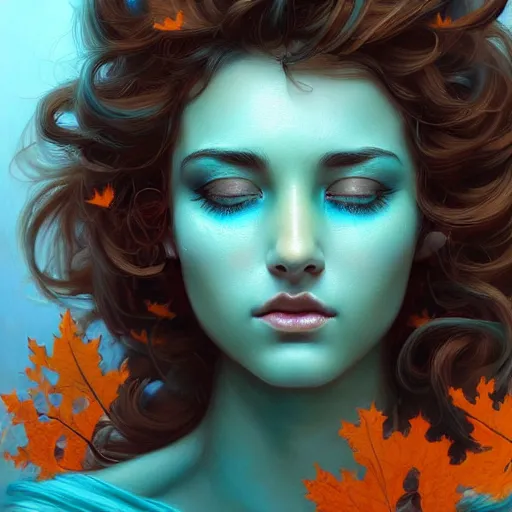 Prompt: beautiful digital painting of a beautiful woman with teal skin and antlers made of wood on her head, brown curly hair with orange oak leaves, D&D, fantasy, intricate, beautiful eyes, cinematic lighting, highly detailed, digital painting, Artstation, concept art, smooth, sharp focus, illustration, art by Artgerm and Greg Rutkowski and Alphonse Mucha