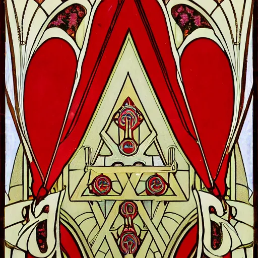 Prompt: symmetrical mural painting from the early 1 9 0 0 s in the style of art nouveau, red curtains, art nouveau design elements, art nouveau ornament, scrolls, flowers, flower petals, rose, opera house architectural elements, mucha, masonic symbols, masonic lodge, joseph maria olbrich, simple, iconic, masonic art, masterpiece, trending on artstation