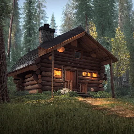 Image similar to a cabin in the woods made in unreal engine 5, 4k, high detail, high-resolution photograph, professional photography, ultra-detail