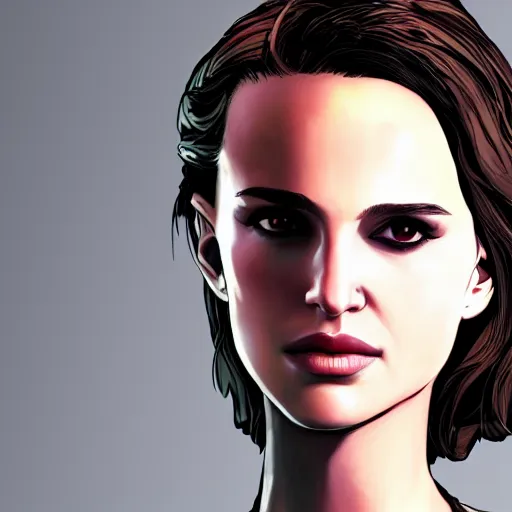 Image similar to young natalie portman portrait, borderlands, tales from the borderlands, the wolf among us, comic, cinematic lighting, studio quality, 8 k