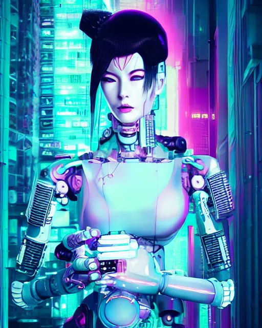 Prompt: a portrait of a beautiful cyberpunk geisha robot, ghost in the shell geisha robot, by rossdraws, by dylan kowalski, motherboard, circuitry, wires, neon lights, micro detail, octane render, sci - fi, intricate, 8 k, cgsociety