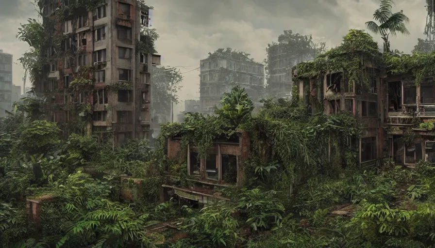 Image similar to Abandoned Building Overgrown by beautiful plants, Dystopian Slum, Hyperrealism, Hyperdetailed, Intricate Details, Anamorphic Lens, Cinematic Lighting, Volumetric Lights, Raytracing Reflections, Unreal Engine 5
